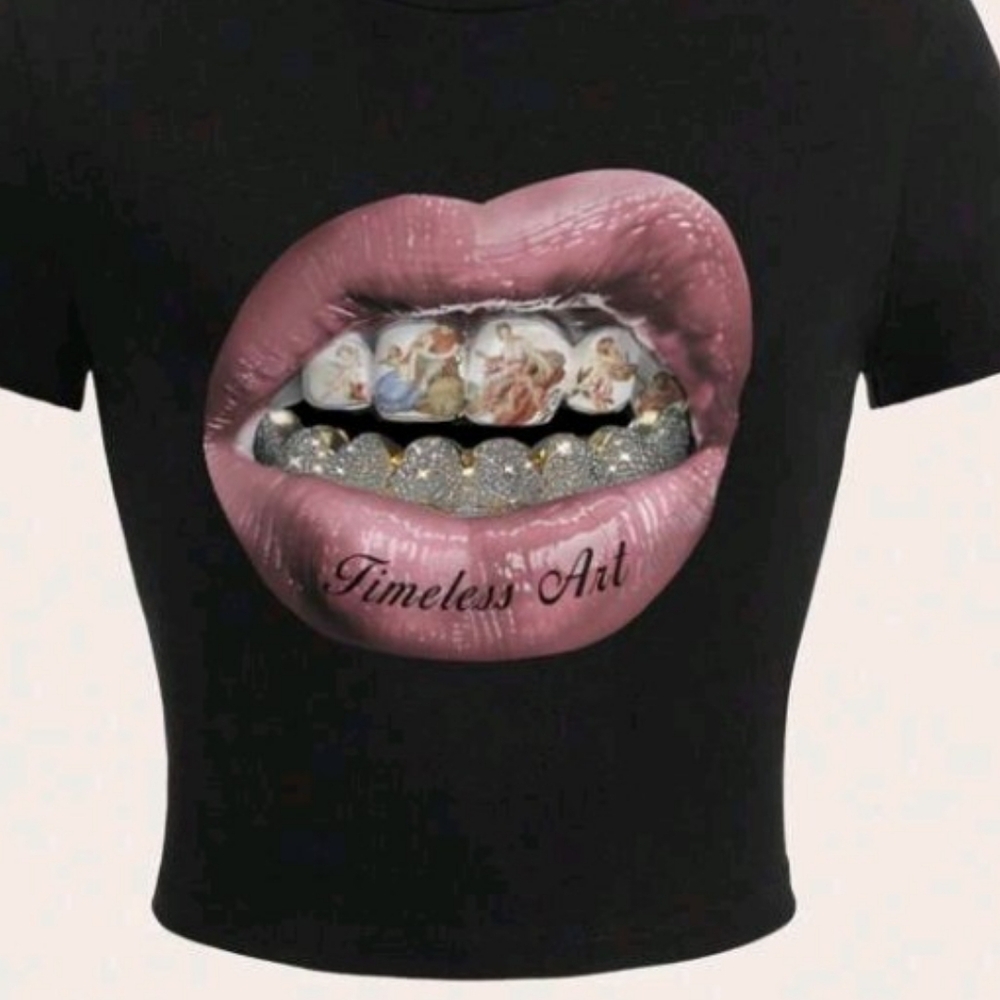 Black Tee with Pink Lips and Art Graphic